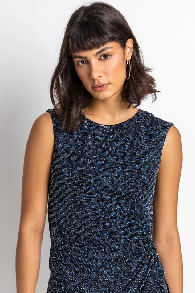 Navy Glitter Leopard Print Twist Midi Dress Women Roman Dresses