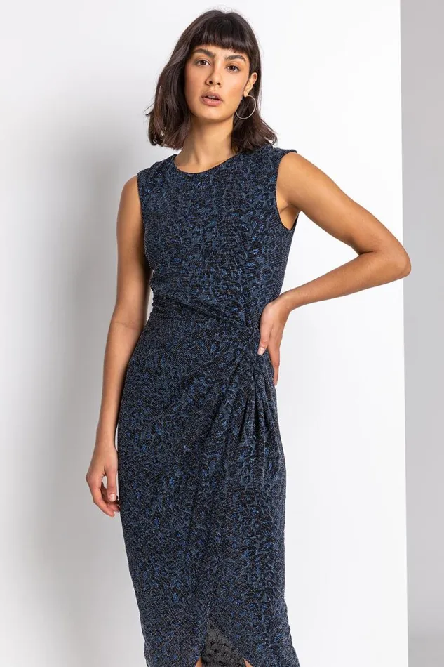 Navy Glitter Leopard Print Twist Midi Dress Women Roman Dresses