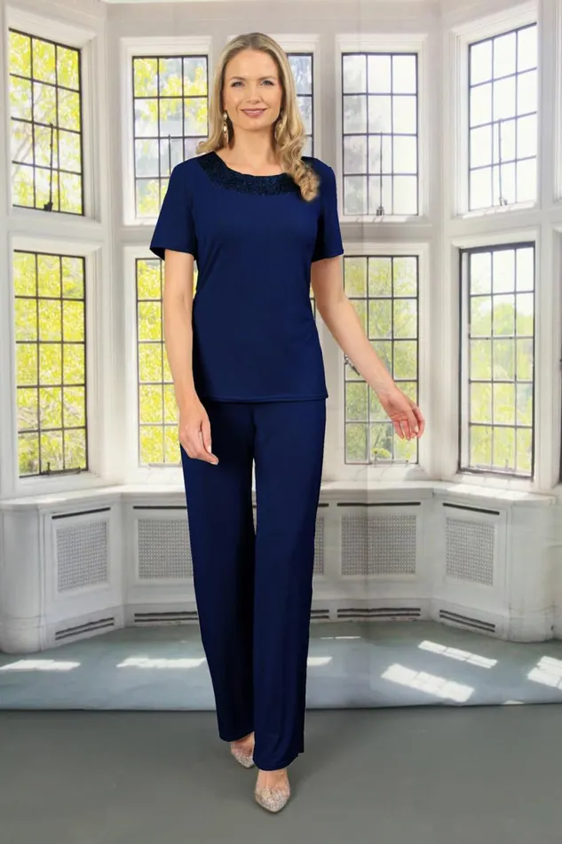 Navy Julianna Jersey Stretch Wide Leg Trouser Women Roman Trousers