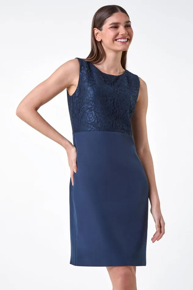 Navy Lace Bodice Shift Dress Women Roman Dresses