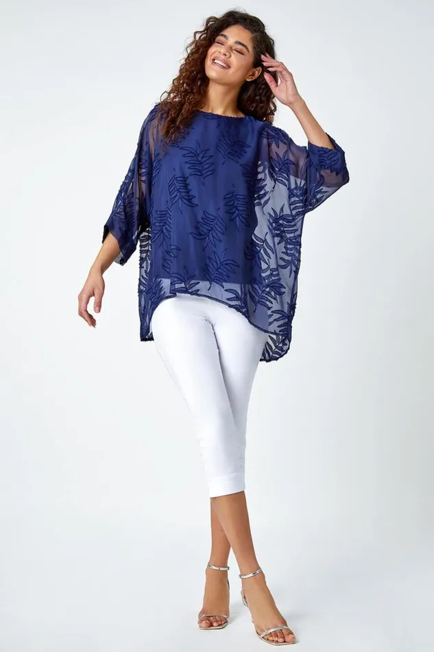 Navy Leaf Burnout Print Chiffon Overlay Top Women Roman Tops