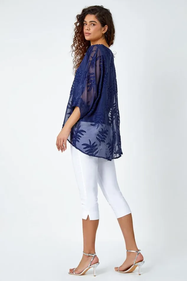 Navy Leaf Burnout Print Chiffon Overlay Top Women Roman Tops