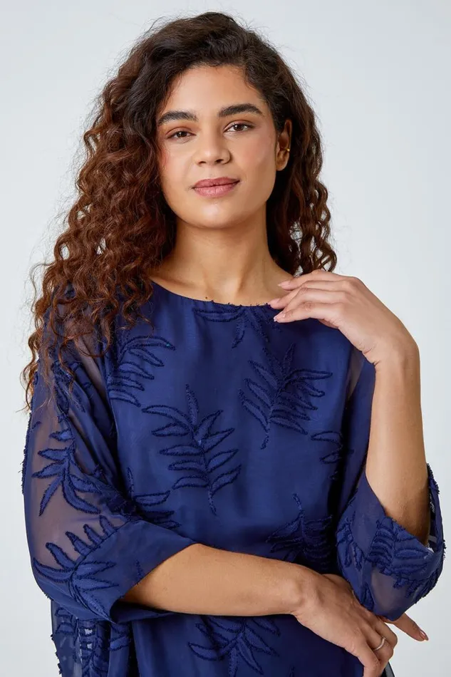 Navy Leaf Burnout Print Chiffon Overlay Top Women Roman Tops