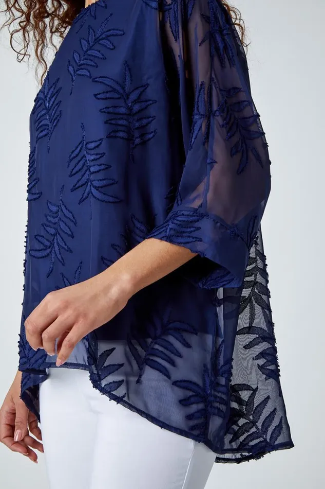 Navy Leaf Burnout Print Chiffon Overlay Top Women Roman Tops