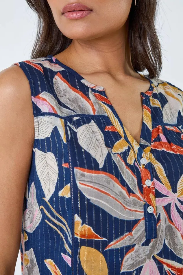 Navy Leaf Print Shimmer Stripe Vest Top Women Roman Tops