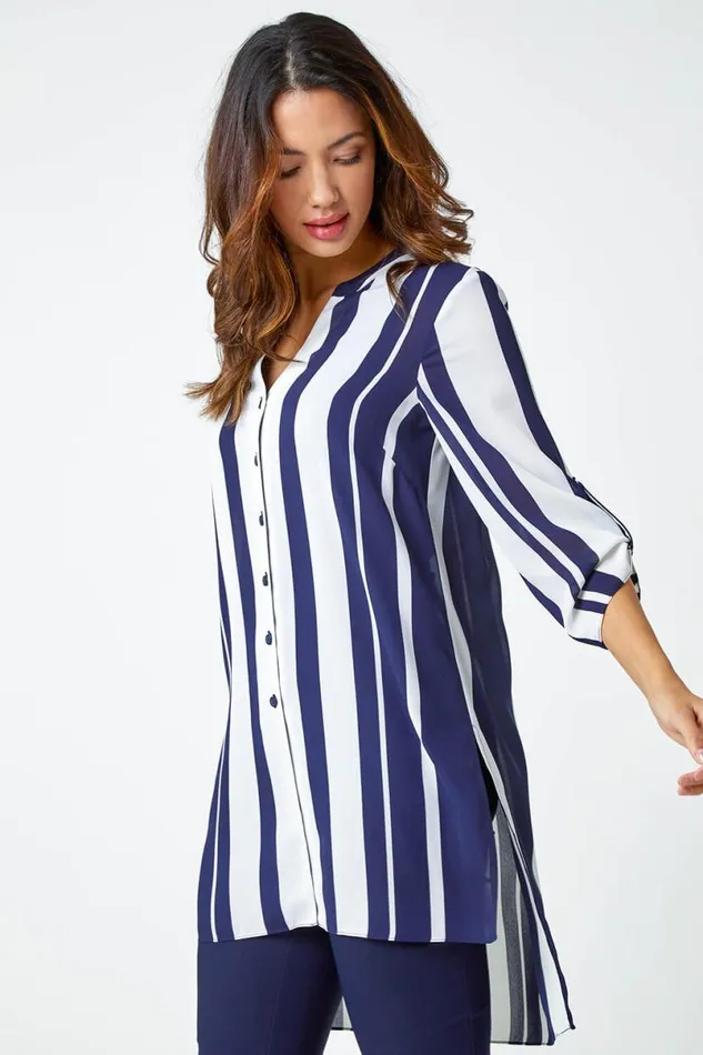 Navy Longline Stripe Print Tunic Shirt Women Roman Tops