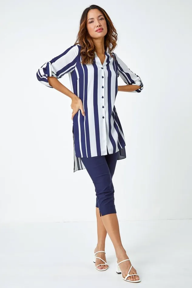 Navy Longline Stripe Print Tunic Shirt Women Roman Tops