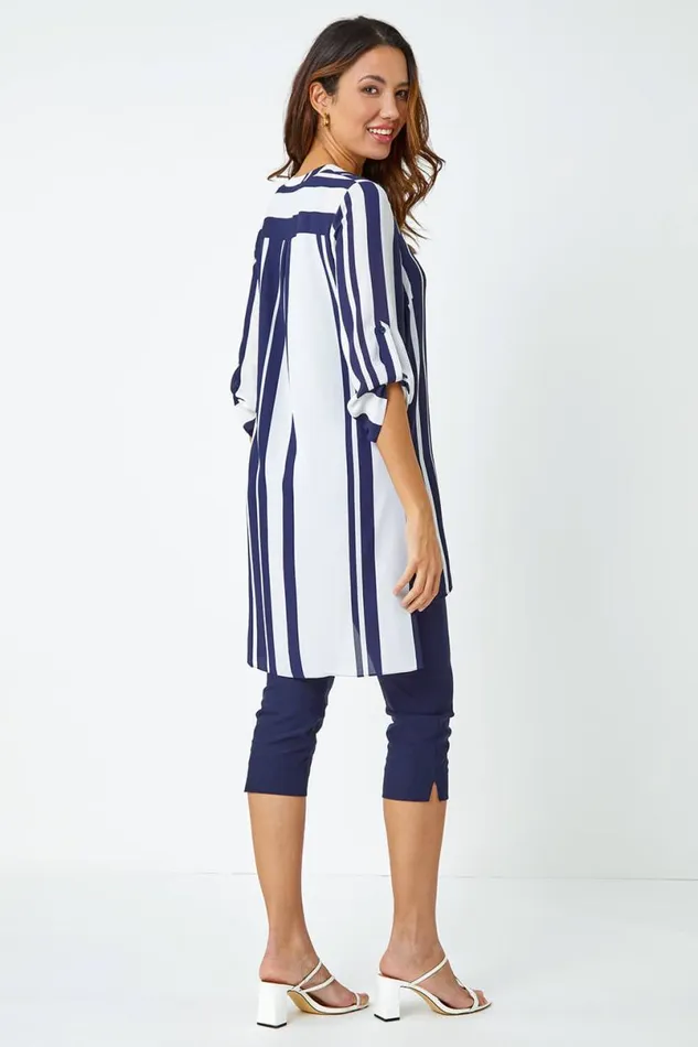 Navy Longline Stripe Print Tunic Shirt Women Roman Tops