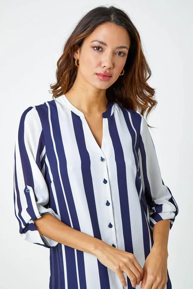 Navy Longline Stripe Print Tunic Shirt Women Roman Tops