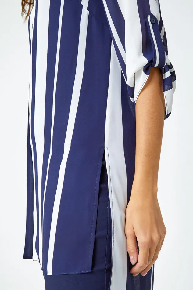 Navy Longline Stripe Print Tunic Shirt Women Roman Tops