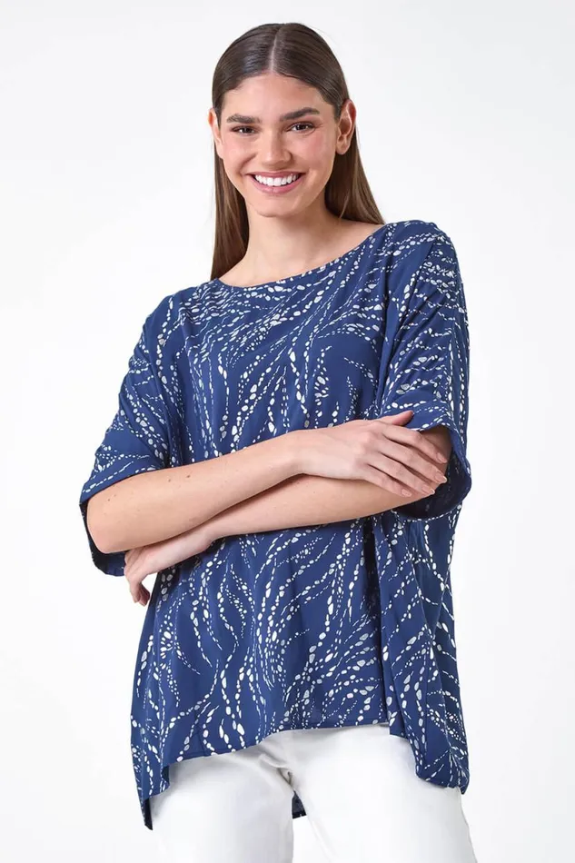 Navy Metallic Foil Button Back Oversized TShirt Women Roman Occasionwear