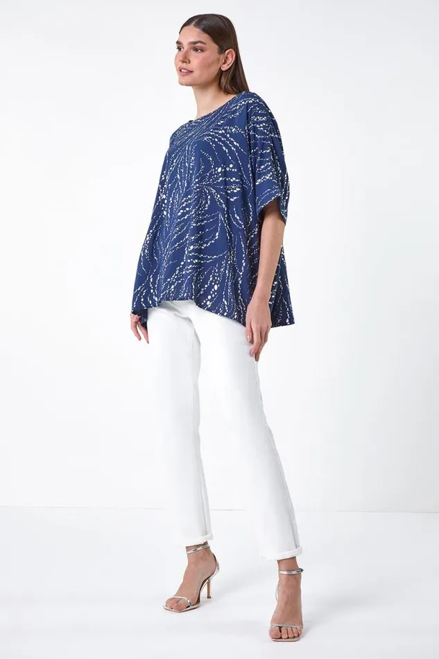 Navy Metallic Foil Button Back Oversized TShirt Women Roman Occasionwear