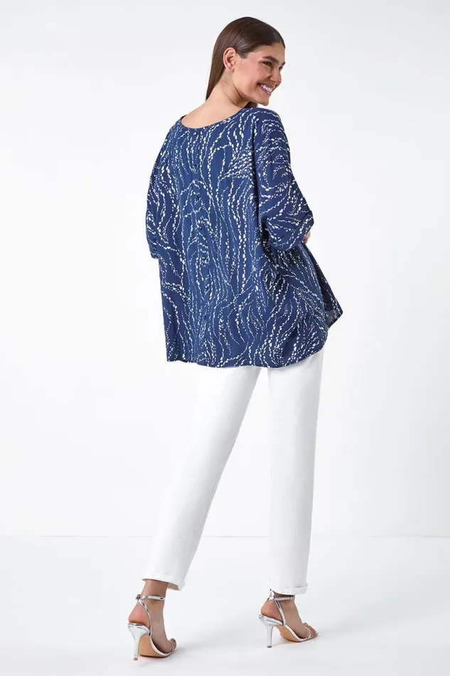 Navy Metallic Foil Button Back Oversized TShirt Women Roman Occasionwear