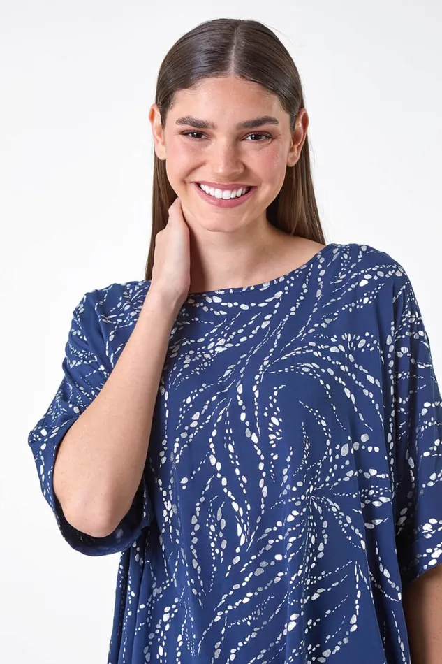 Navy Metallic Foil Button Back Oversized TShirt Women Roman Occasionwear