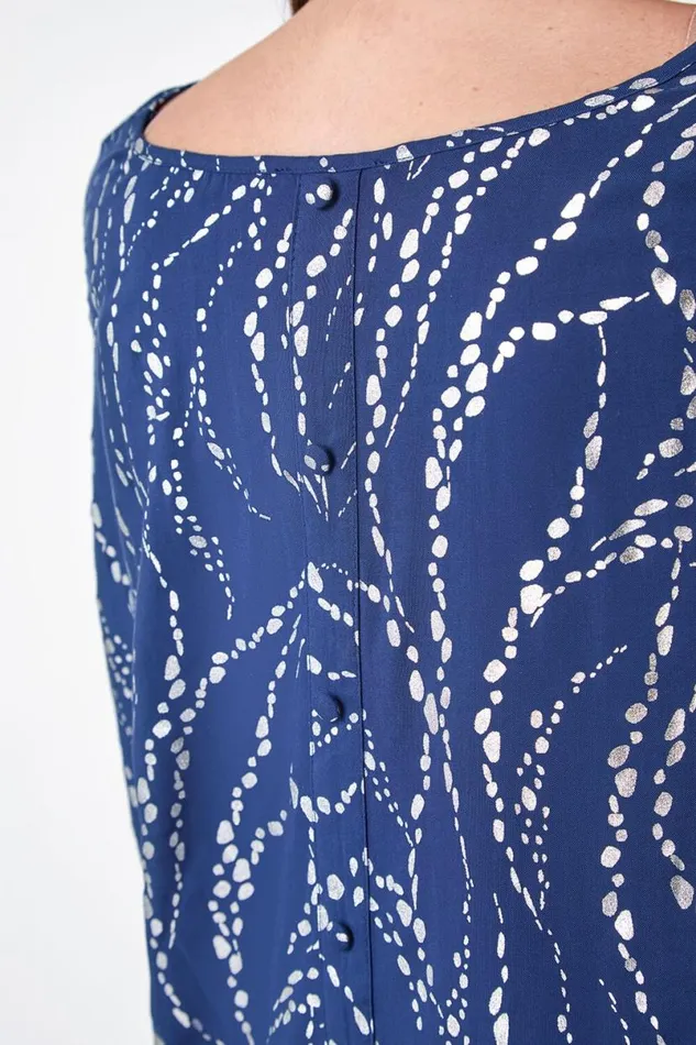 Navy Metallic Foil Button Back Oversized TShirt Women Roman Occasionwear