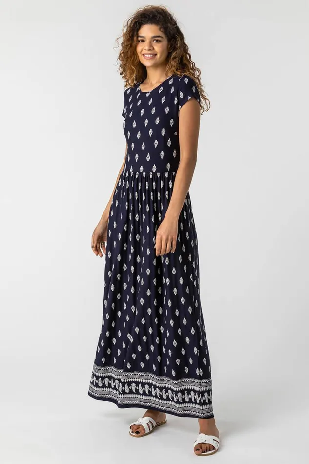 Navy Paisley Border Print Maxi Dress Women Roman Dresses