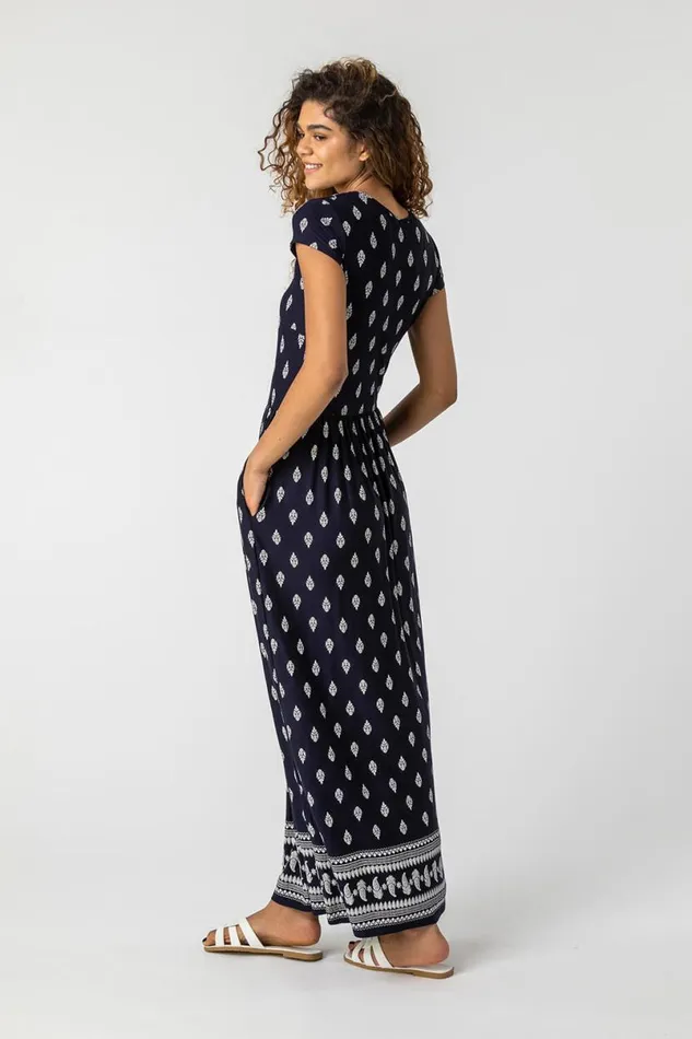 Navy Paisley Border Print Maxi Dress Women Roman Dresses