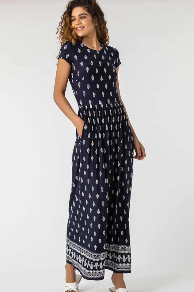 Navy Paisley Border Print Maxi Dress Women Roman Dresses