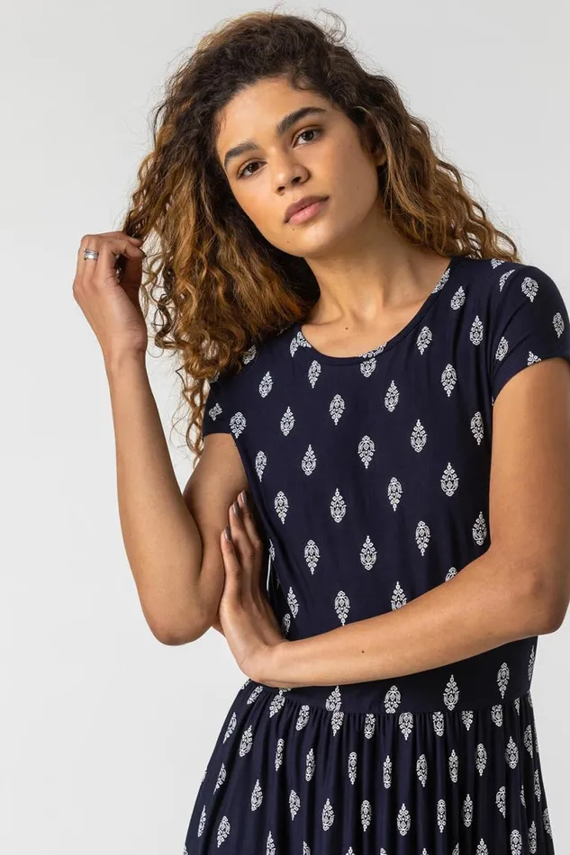 Navy Paisley Border Print Maxi Dress Women Roman Dresses