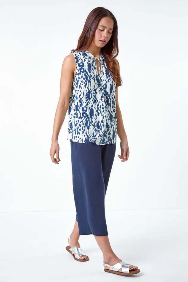 Navy Petite Aztec Print Tie Detail Top Women Roman Tops