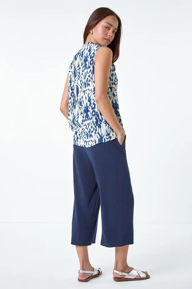 Navy Petite Aztec Print Tie Detail Top Women Roman Tops