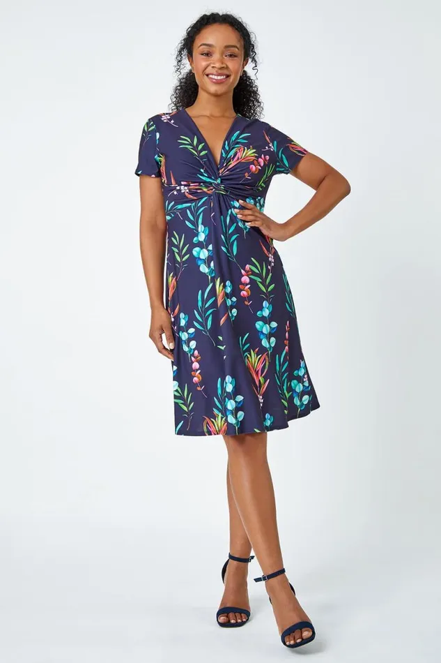 Navy Petite Floral Twist Detail Stretch Dress Women Roman Dresses