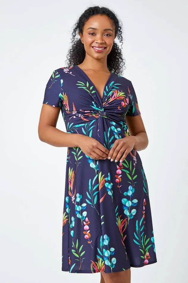 Navy Petite Floral Twist Detail Stretch Dress Women Roman Dresses