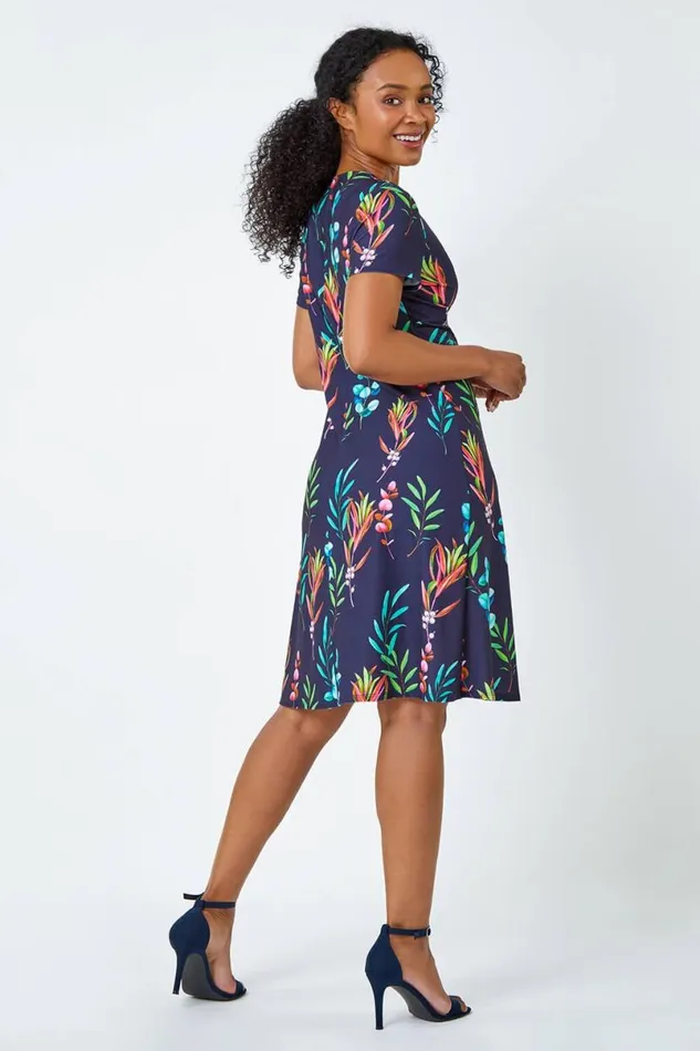 Navy Petite Floral Twist Detail Stretch Dress Women Roman Dresses