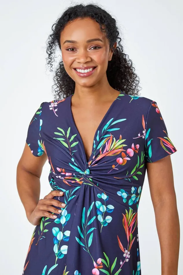 Navy Petite Floral Twist Detail Stretch Dress Women Roman Dresses