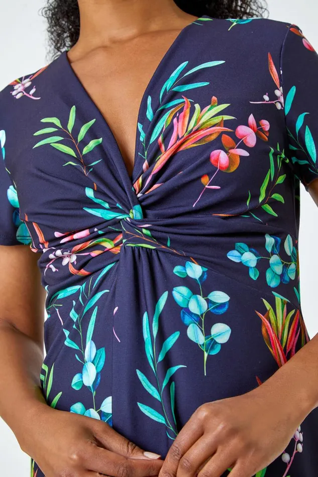 Navy Petite Floral Twist Detail Stretch Dress Women Roman Dresses