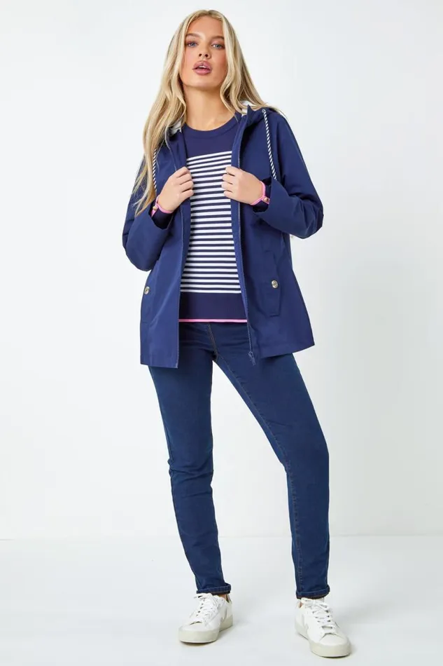 Navy Petite Hooded Rain Coat Women Roman Coats