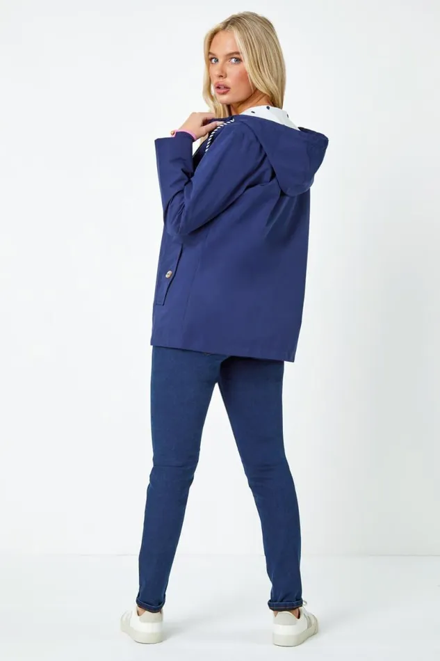 Navy Petite Hooded Rain Coat Women Roman Coats