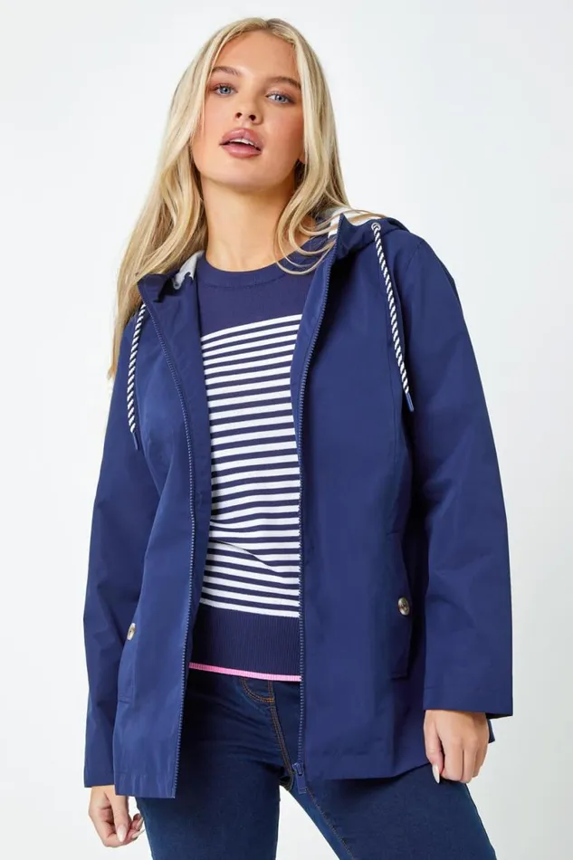Navy Petite Hooded Rain Coat Women Roman Coats