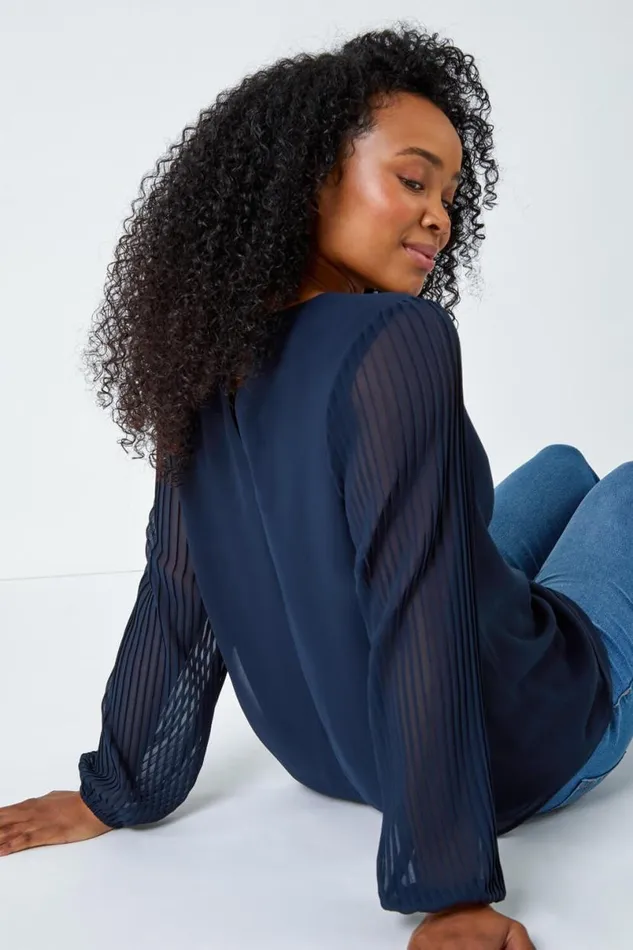 Navy Petite Pleated Sleeve Gathered Chiffon Top Women Roman Tops