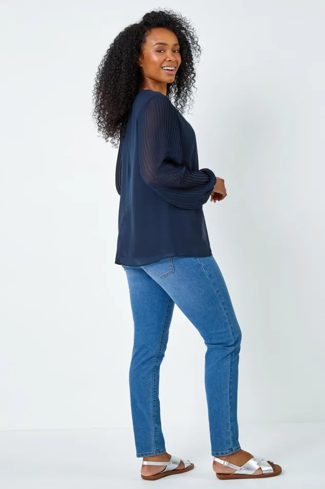 Navy Petite Pleated Sleeve Gathered Chiffon Top Women Roman Tops