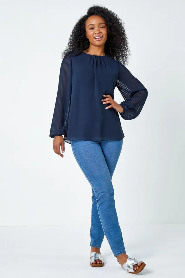Navy Petite Pleated Sleeve Gathered Chiffon Top Women Roman Tops