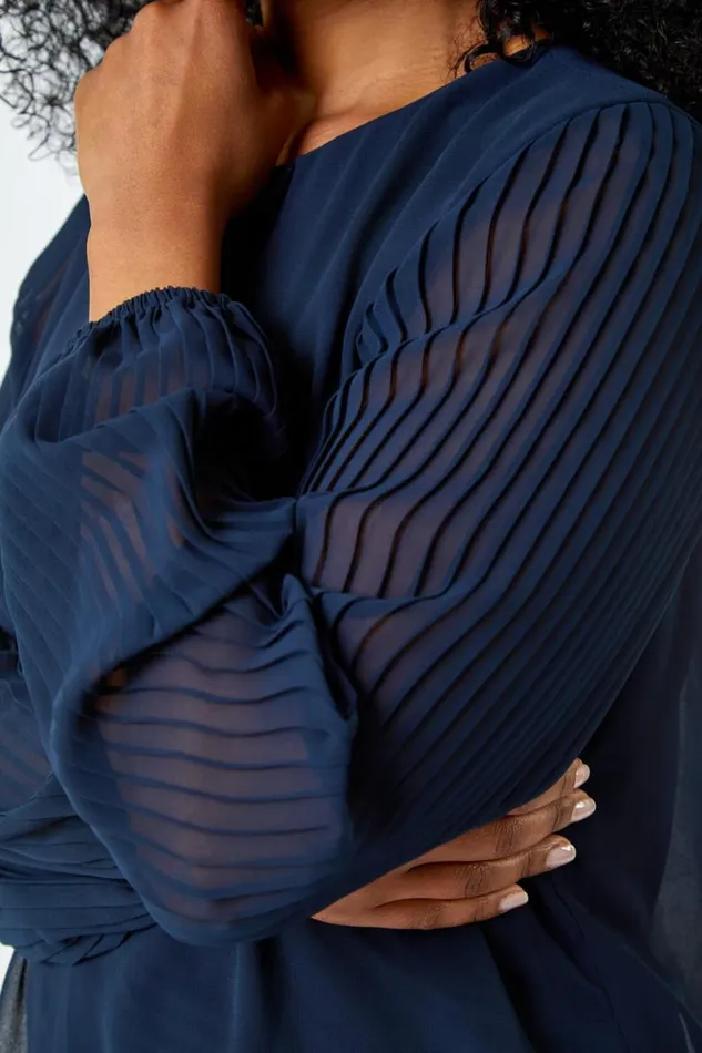 Navy Petite Pleated Sleeve Gathered Chiffon Top Women Roman Tops