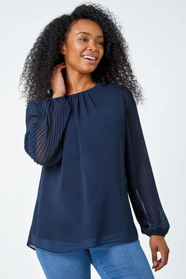 Navy Petite Pleated Sleeve Gathered Chiffon Top Women Roman Tops