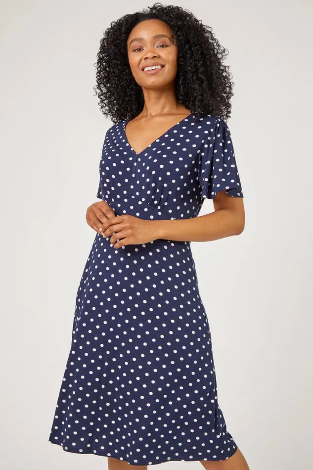 Navy Petite Spot Print Stretch Jersey Dress Women Roman Dresses