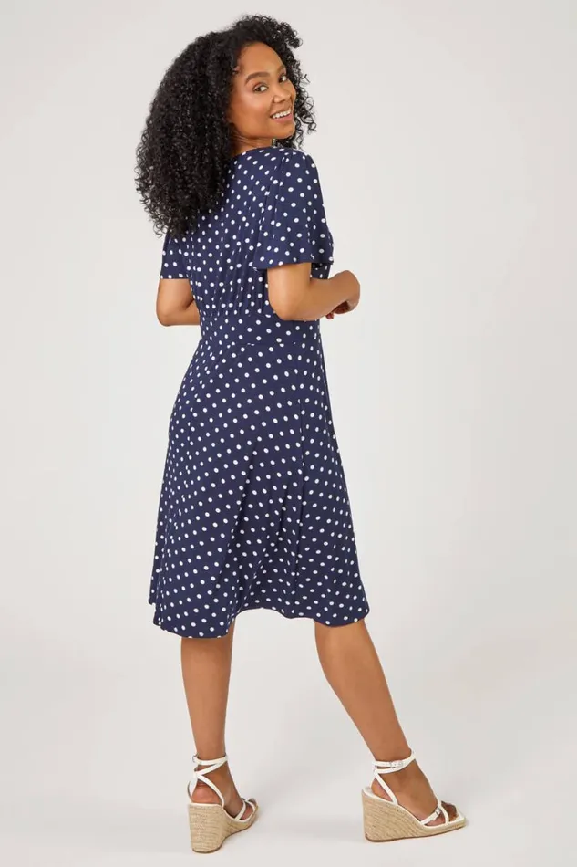 Navy Petite Spot Print Stretch Jersey Dress Women Roman Dresses