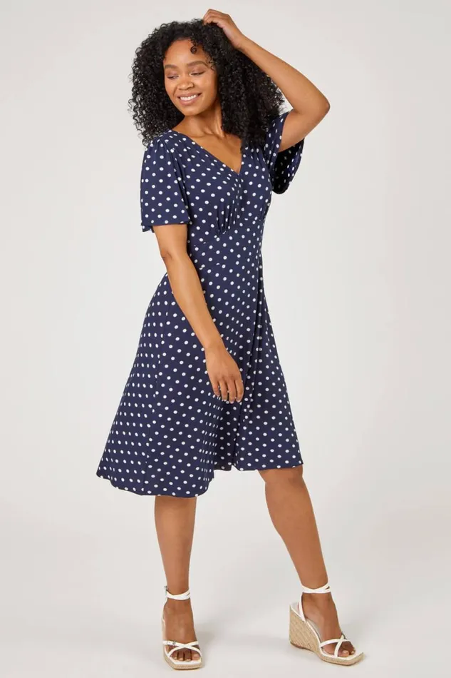 Navy Petite Spot Print Stretch Jersey Dress Women Roman Dresses
