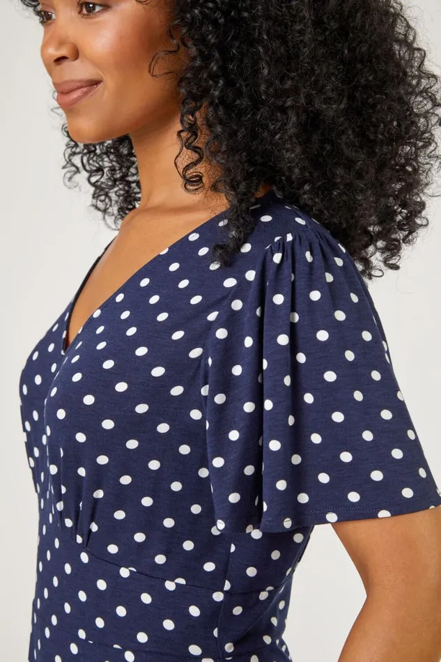 Navy Petite Spot Print Stretch Jersey Dress Women Roman Dresses
