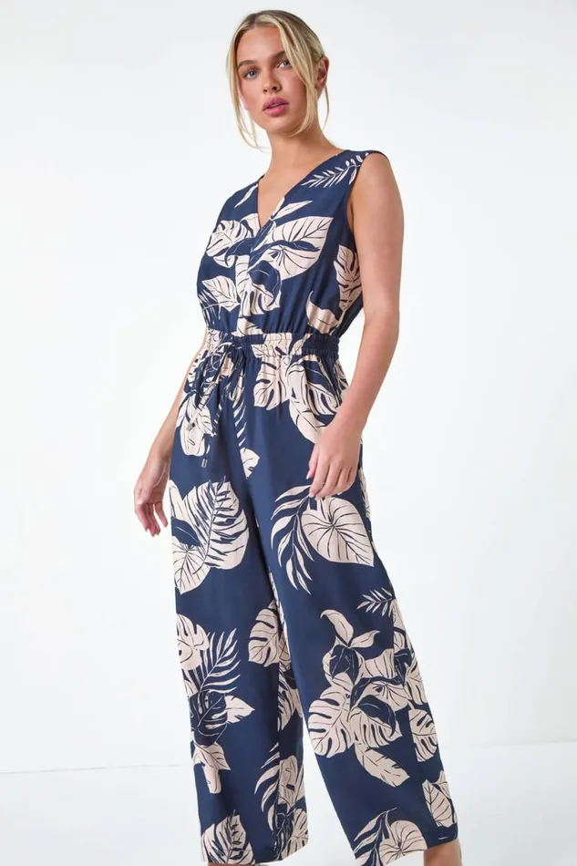Navy Petite Tropical Leaf Print Pocket Jumpsuit Women Roman Dresses
