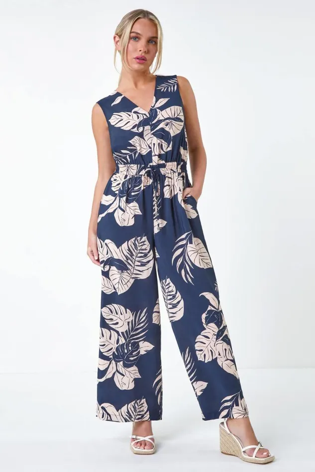 Navy Petite Tropical Leaf Print Pocket Jumpsuit Women Roman Dresses