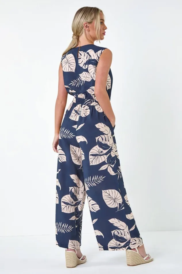Navy Petite Tropical Leaf Print Pocket Jumpsuit Women Roman Dresses