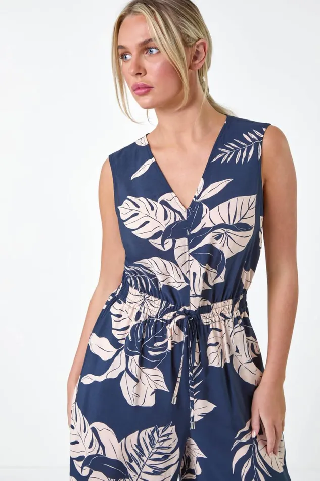 Navy Petite Tropical Leaf Print Pocket Jumpsuit Women Roman Dresses