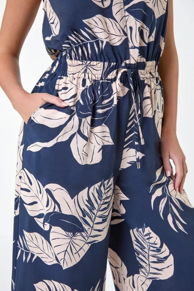 Navy Petite Tropical Leaf Print Pocket Jumpsuit Women Roman Dresses