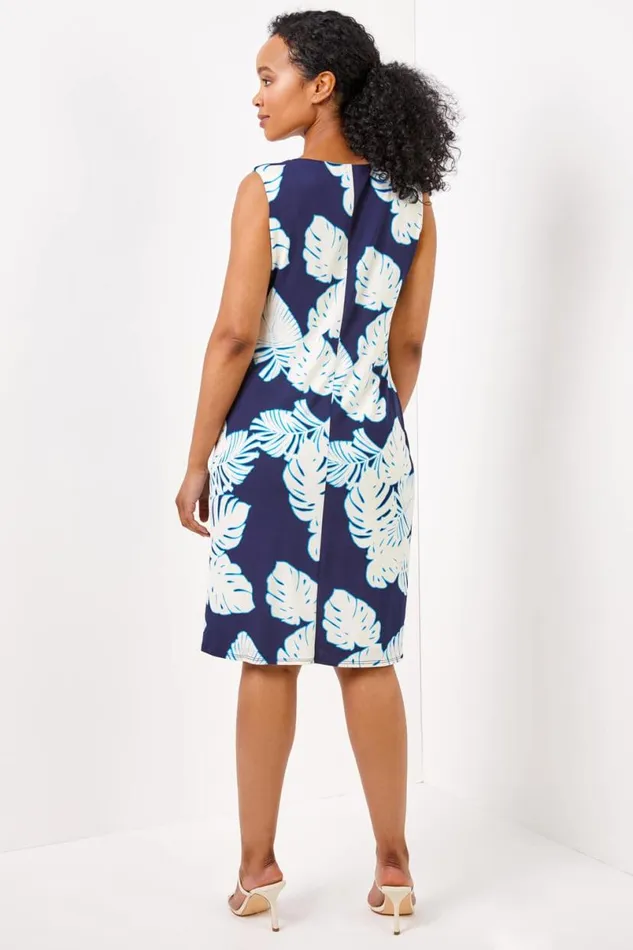 Navy Petite Tropical Print Twist Waist Tunic Dress Women Roman Dresses