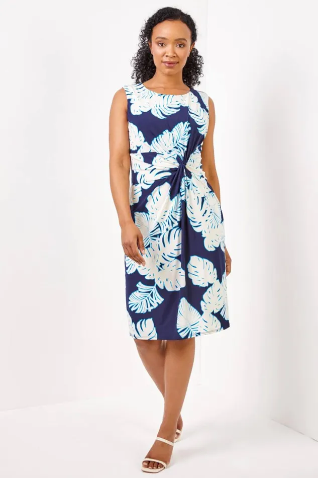 Navy Petite Tropical Print Twist Waist Tunic Dress Women Roman Dresses