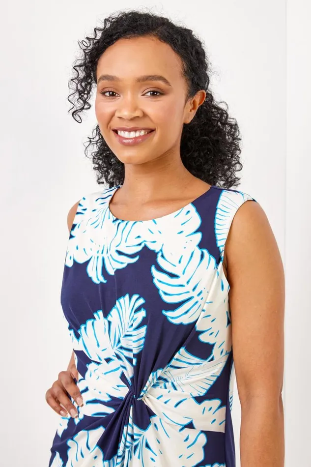 Navy Petite Tropical Print Twist Waist Tunic Dress Women Roman Dresses